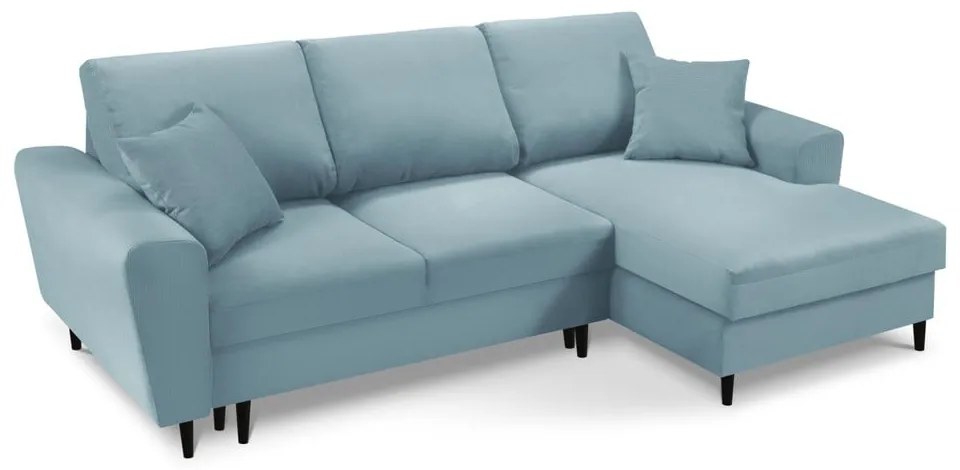 Világoskék kordbársony kinyitható tárolóhelyes sarokkanapé (jobb oldali-heverő résszel) Kyoto – Cosmopolitan Design