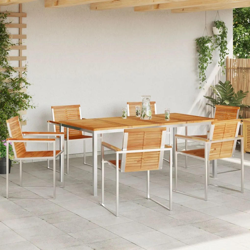 7 Részes Kerti Étkező Szett Tömör Fából Készült Tíkkal, Kültéri Étkezőasztal 180x90x75 cm Tömör Fából Készült Tíkkal