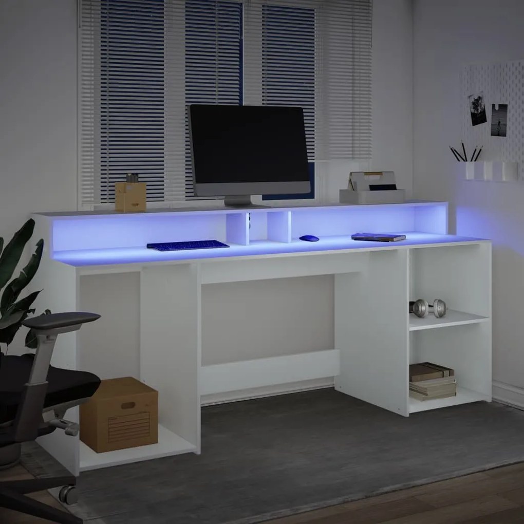 fehér szerelt fa íróasztal LED-világítással 200 x 55 x 91 cm
