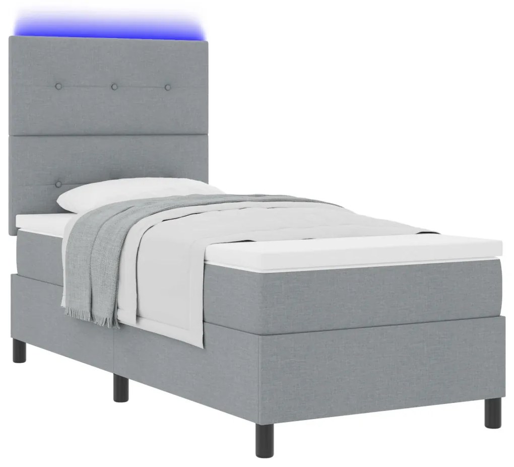 Rugós ágy matraccal és LED világítással, világosszürke 80 x 200 cm-es szövet