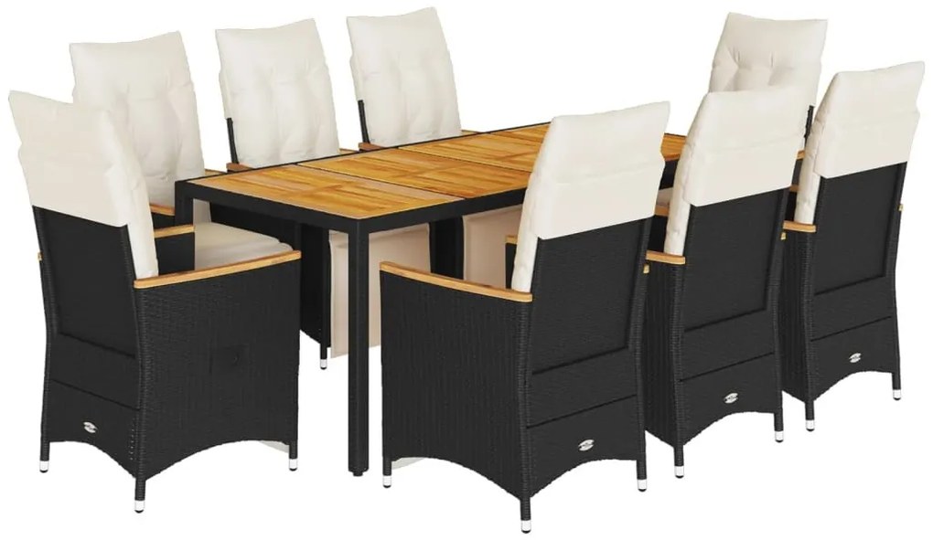 vidaXL 9 részes fekete polyrattan kerti bisztrógarnitúra párnákkal