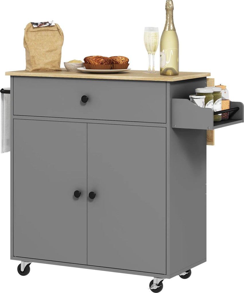HOMCOM Konyhai Sziget Összecsukható Levéllel - Konyhai Kocsi Kerekekkel, 2 Ajtó, Fiók, Fűszerpolc, Konyharuha Akasztó és Állítható Polc, 106x42x87 cm