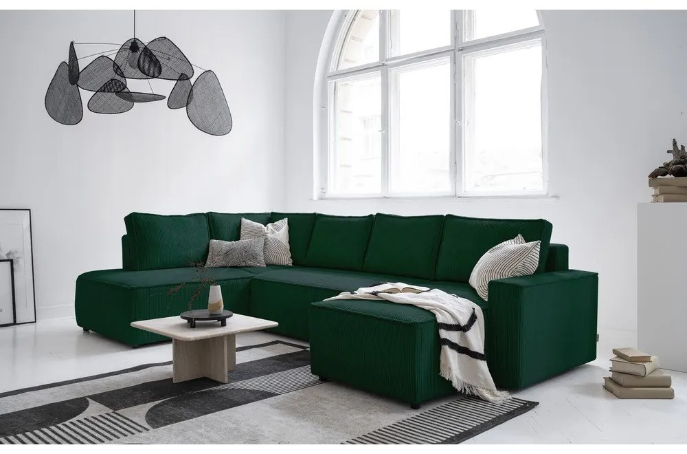 Sötétzöld kordbársony kinyitható sarokkanapé (bal oldali-U alakú) Brave Dave – Miuform