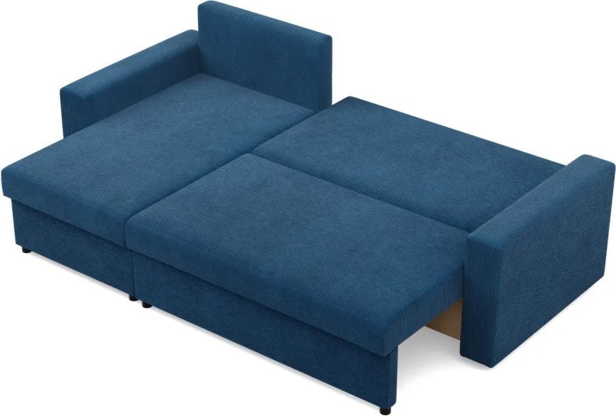 Zeus sarokkanapé, 2 ágyneműtartóval, egyenes kartámasz, kordbársony, univerzális oldal, hab töltet, kék