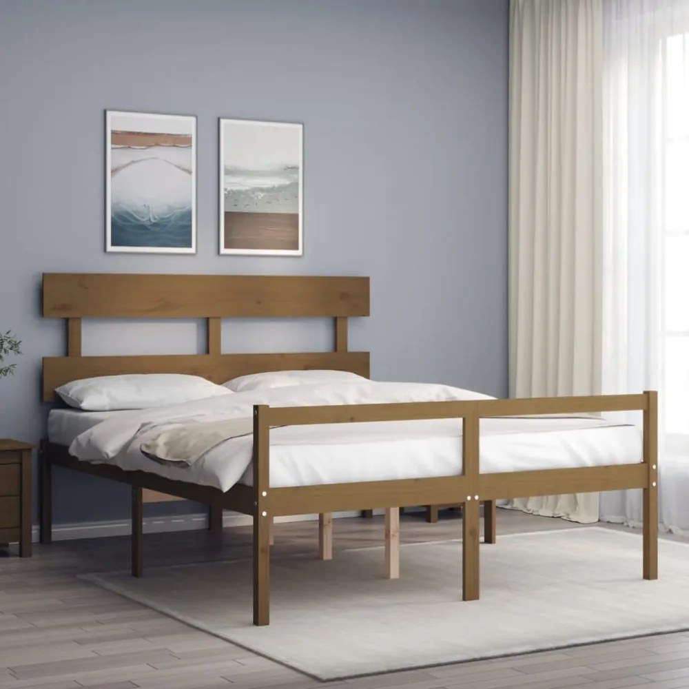 mézbarna tömör fa ágy időseknek fejtámlával King Size