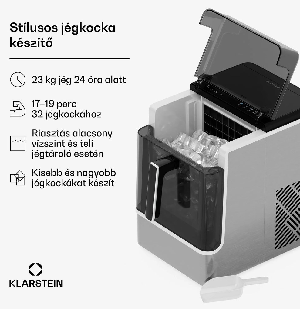 Klarstein Ice Lux jégkocka készítő, Rozsdamentes acél, 23 kg/24 ó, Öntisztító
