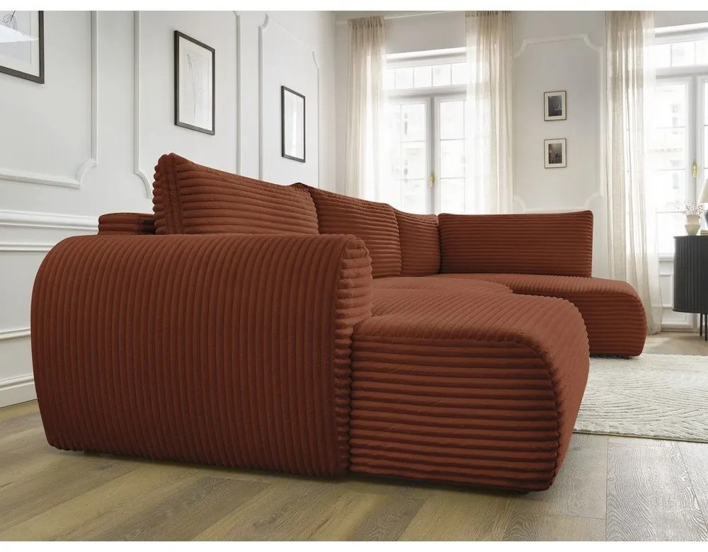 Téglavörös kordbársony kinyitható-tárolóhelyes sarokkanapé (jobb oldali-U alakú) Lucien – Bobochic Paris
