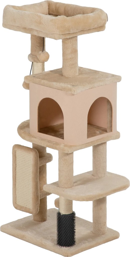 PawHut Macska Karcoló Fa 104 cm Magasságú Macska Tornyokkal, Platformokkal, Kefe, Függő Labdákkal és Karcoló Matracokkal - Beige | Aosom