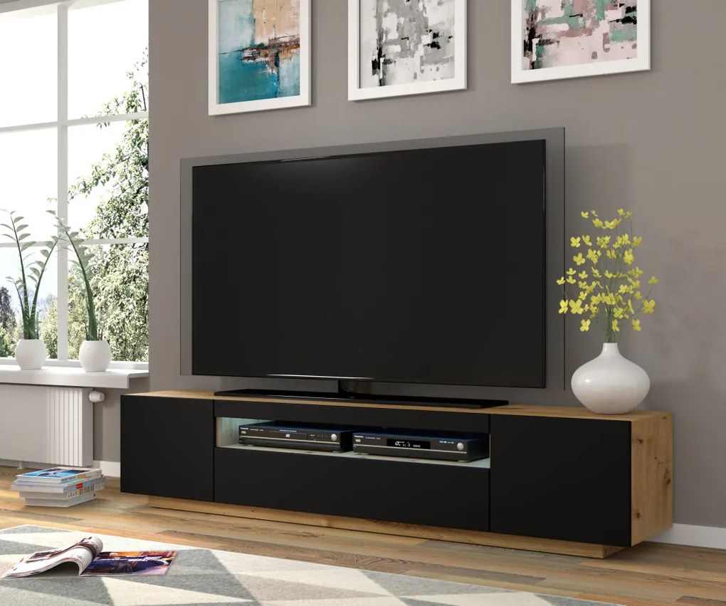 Aura TV Szekrény 200 cm Kézműves Tölgy / Fekete Színben