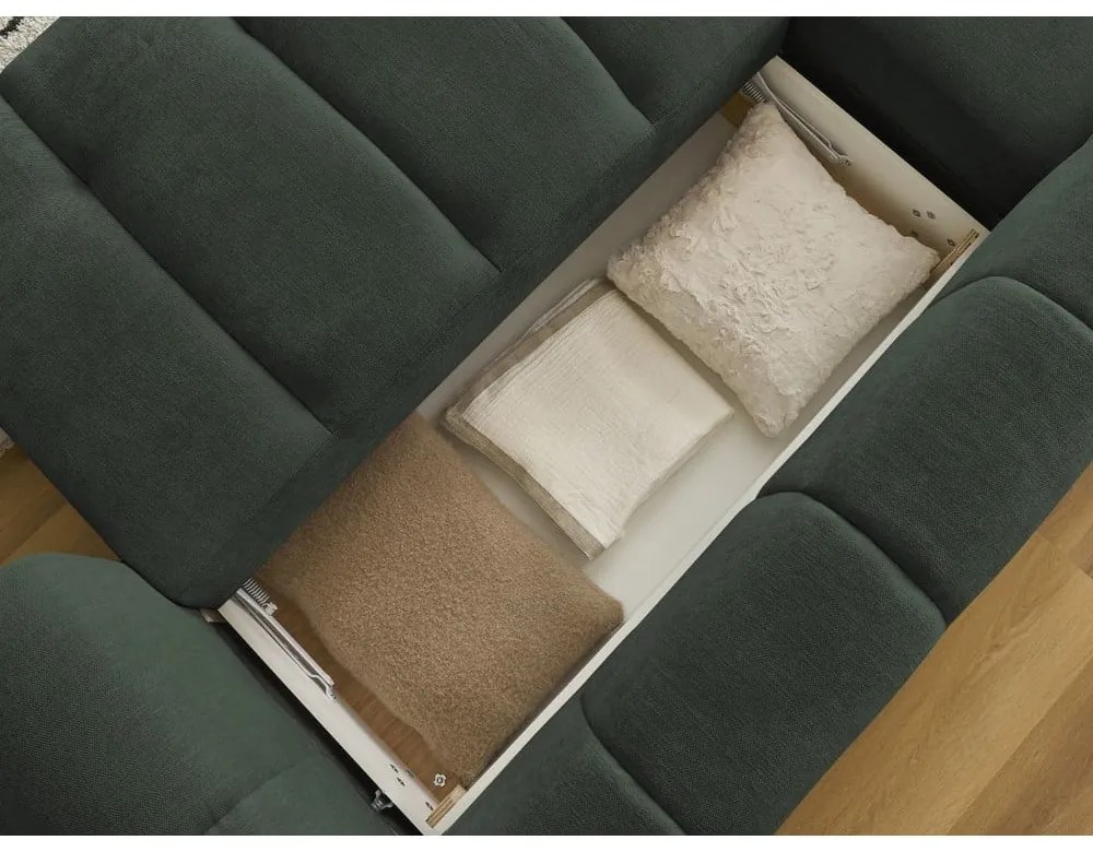 Zöld kinyitható-tárolóhelyes sarokkanapé (bal oldali-heverő résszel) Fuji – Bobochic Paris