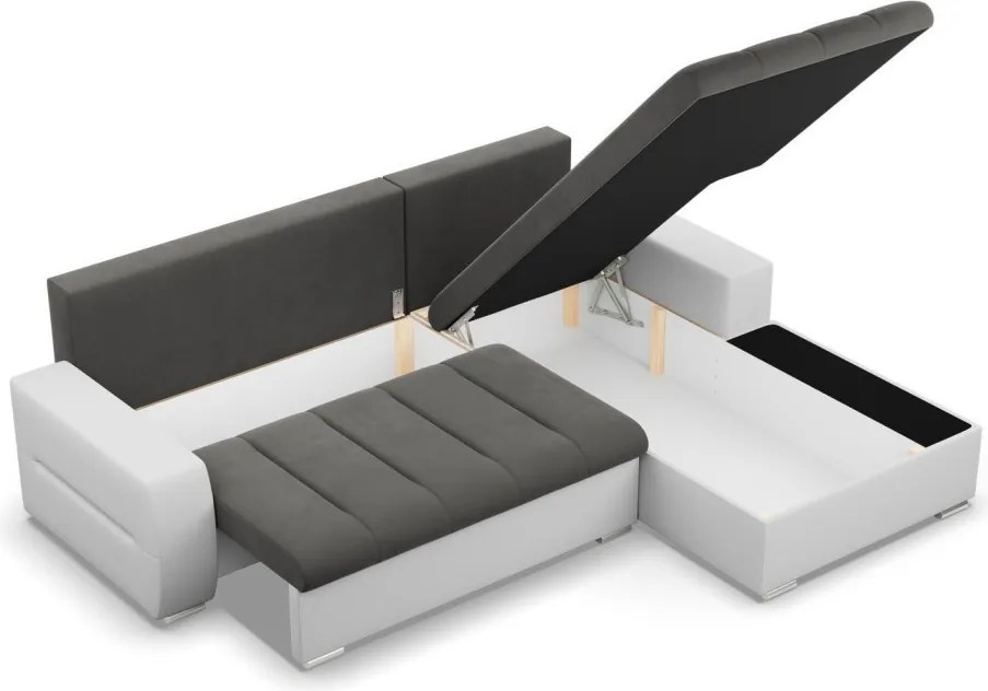 Toronto sarokkanapé, 2 ágyneműtartóval, bársony + műbőr, jobboldali, szürke - fehér