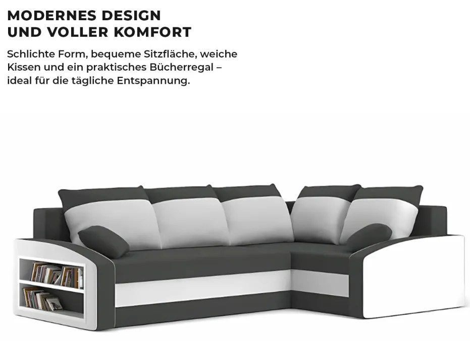 Grande sarokkanapé polcokkal , polc a bal karfaban, jobboldali, szövet anyag, hab töltet, szürke - fehér