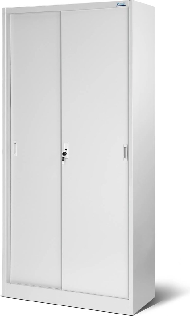 Szürke, tolóajtós fém irodai szekrény, 900x1850x400 mm: KUBA