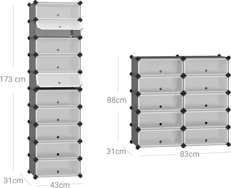Cipőtároló doboz 10 db moduláris tárolódoboz, szürke 43x31x173cm