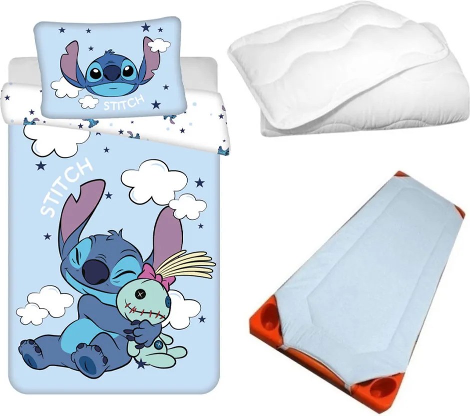 Disney Lilo és Stitch, A csillagkutya Blue Clouds gyerek, ovis ágyneműhuzat, derékalj és paplan/párna szett 100x135 cm 40x60 cm