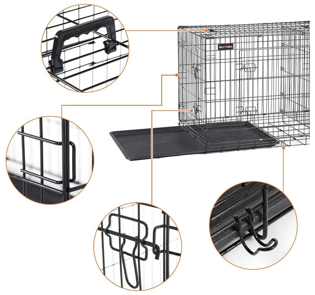 2 ajtós összecsukható ketrec, kutyaszállító ketrec 122x74,5x80,5 cm, fekete | FEANDREA