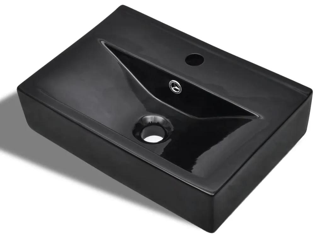 vidaXL Négyszögletes kerámia fürdőszoba mosdókagyló csaptelep és túlfolyó nyílás fekete