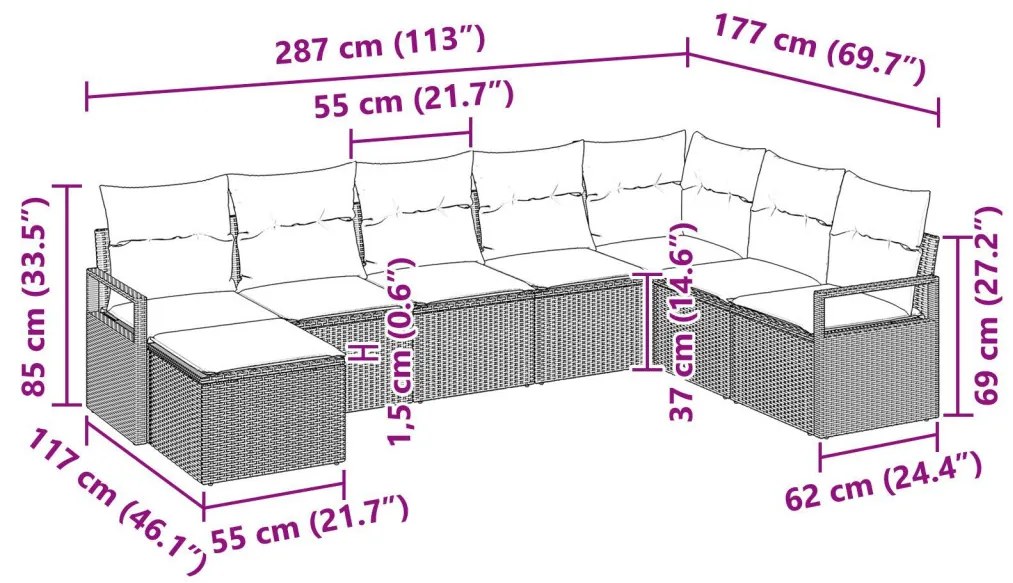 8 darabos kerti kanapészett párnákkal, fekete poli rattan, 2 fős kerti kanapé párnákkal, fekete poli rattan