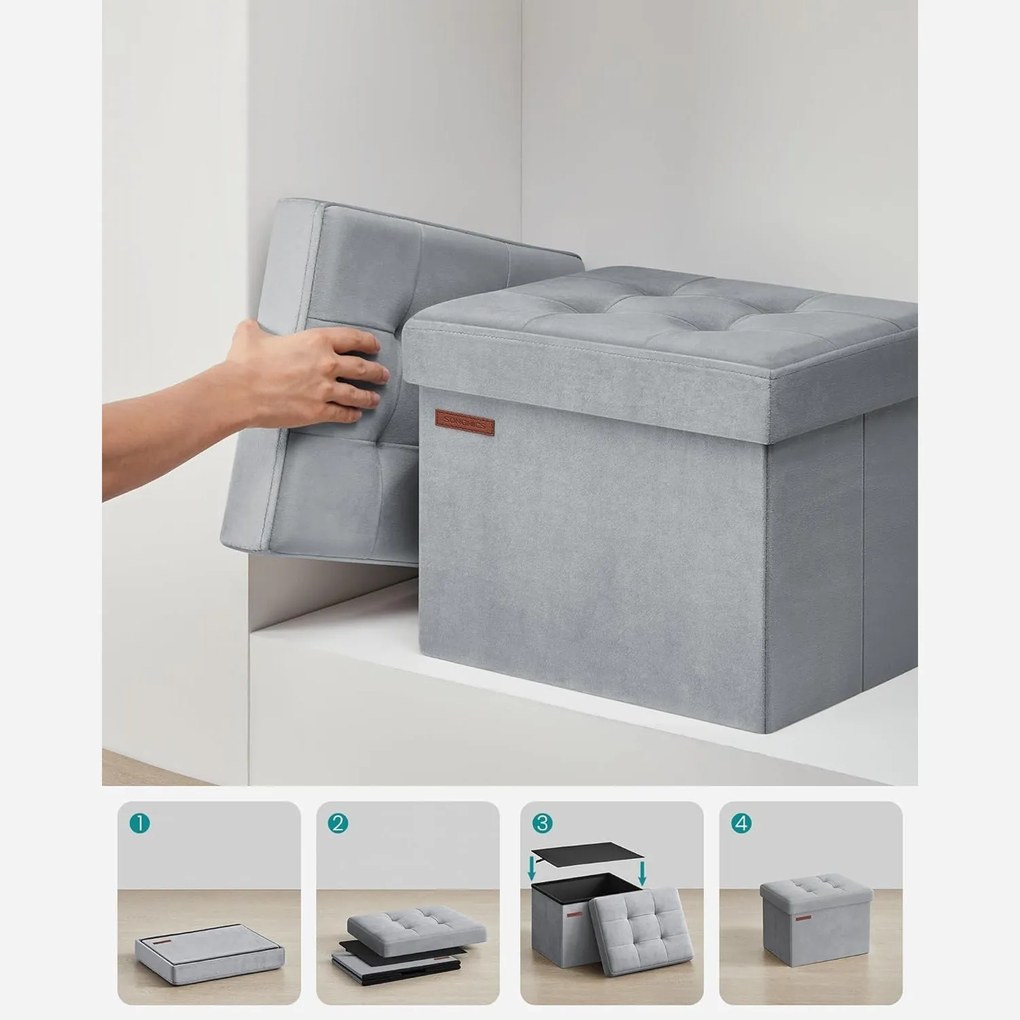 Tároló puff, összecsukható bársony tárolódoboz, szürke, 31 x 41 x 31 cm
