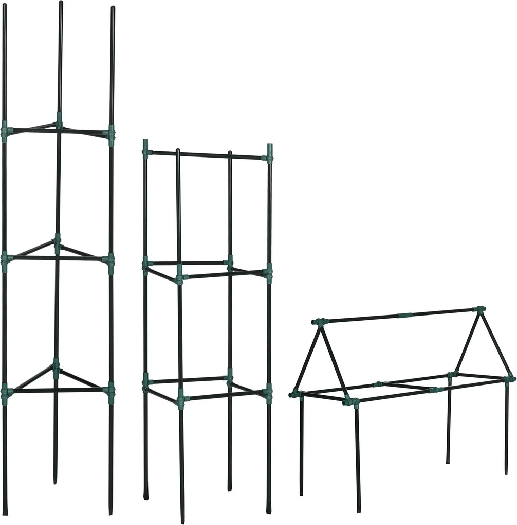 Outsunny 3 darabos növénytartó szett, 3 szintes növénytartó, kerti növénytartó cövekek, trellis, paradicsomkaró mászó növényekhez, acél, zöld, 38 x 38