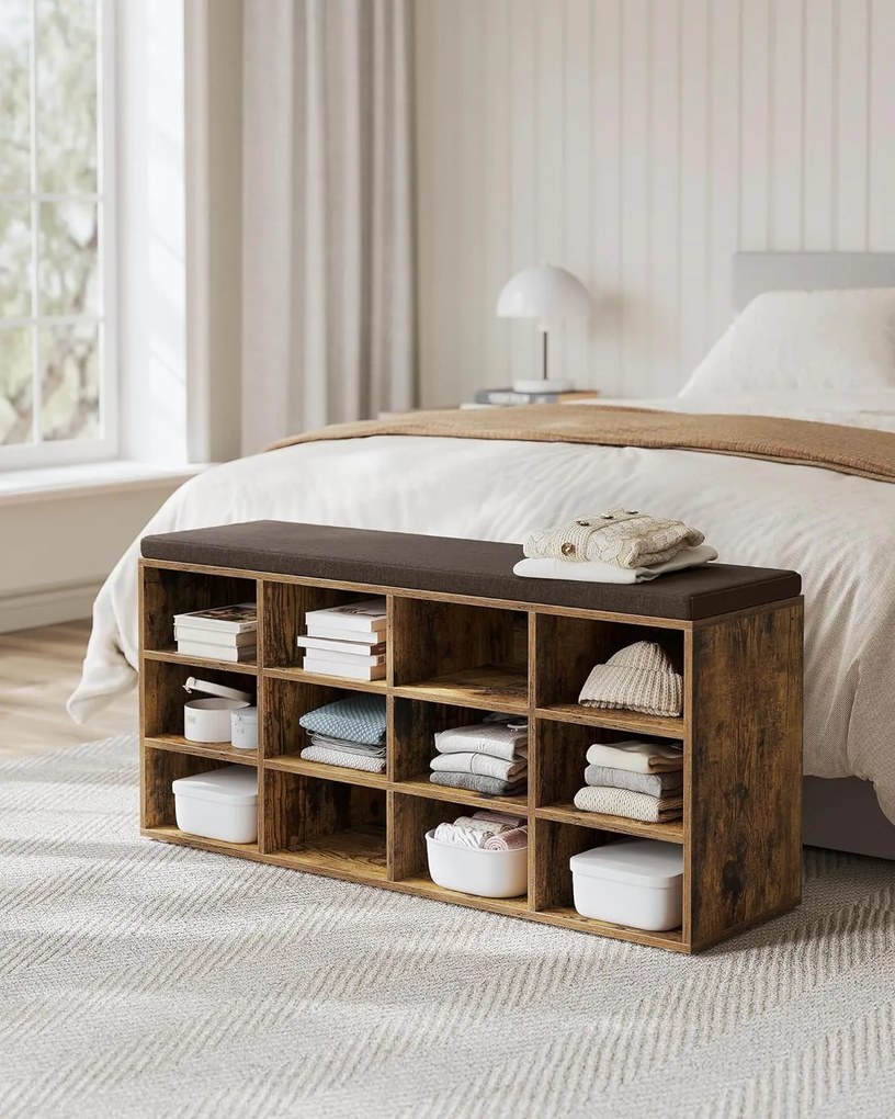 Cipőpad, tárolópad párnázott üléssel, 12 rekesszel, rusztikus barna