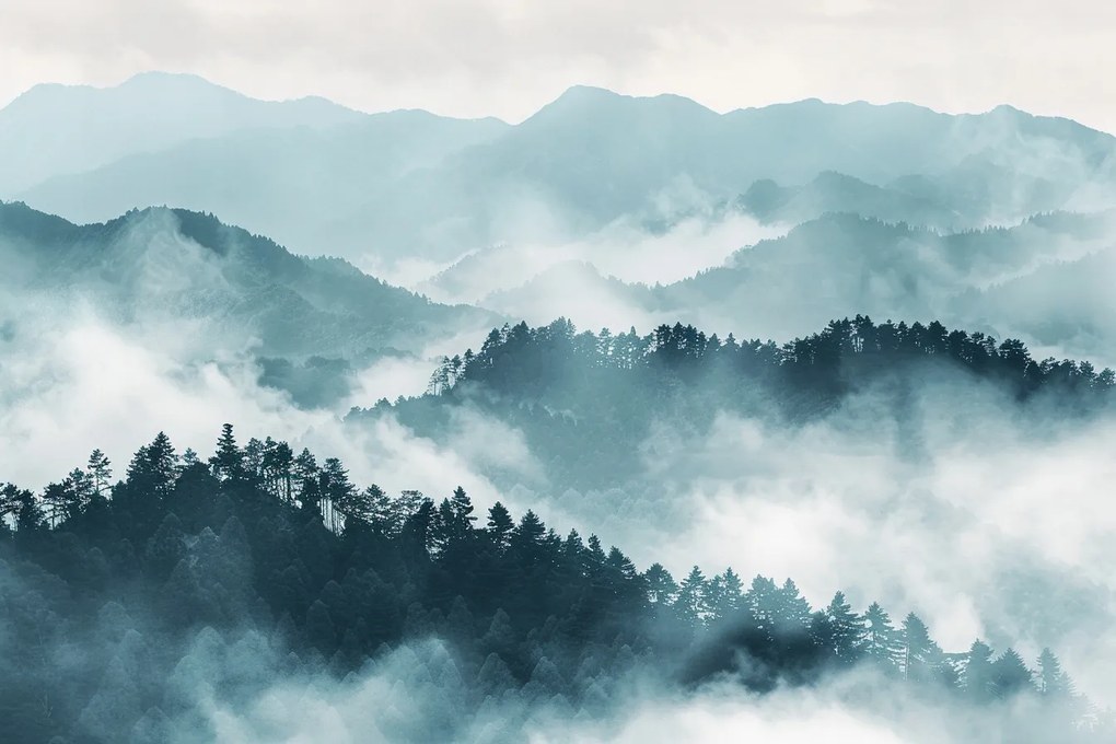Fotótapéta Flizelina Tájkép Hegyek Erdő Fák Köd Szürke 104x70,5 ragasztó