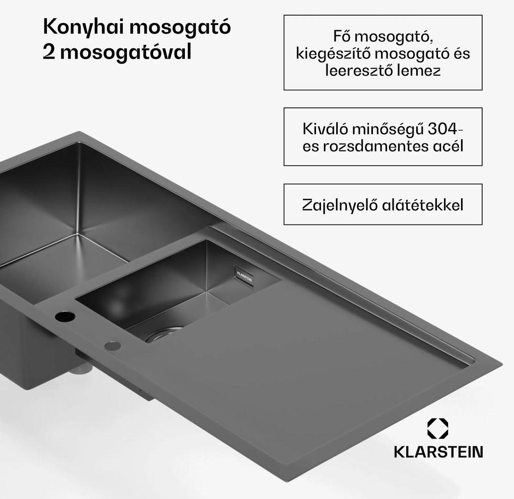 Klarstein TitanSteel konyhai mosogató lefolyóval, 100 x 45 cm, 2 mosogató, rozsdamentes acél, hőálló