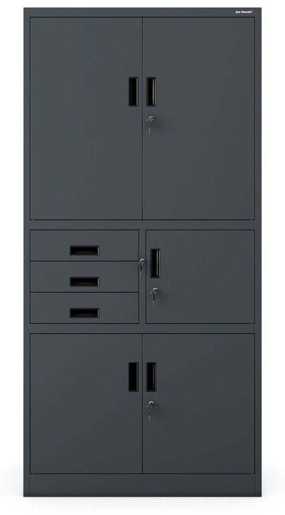 Fém iratszekrény széffel és fiókokkal FILIP II, 900 x 1850 x 400 mm, szürke