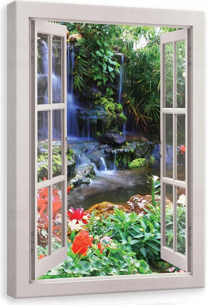Vászonkép 80x120 Trópusi vízesés természet ablak illúzió frissesség nyugalom