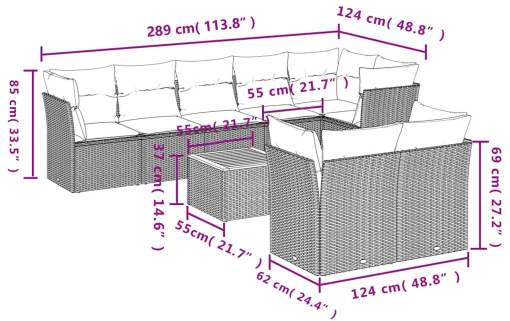 9 részes fekete polyrattan kerti ülőgarnitúra párnákkal