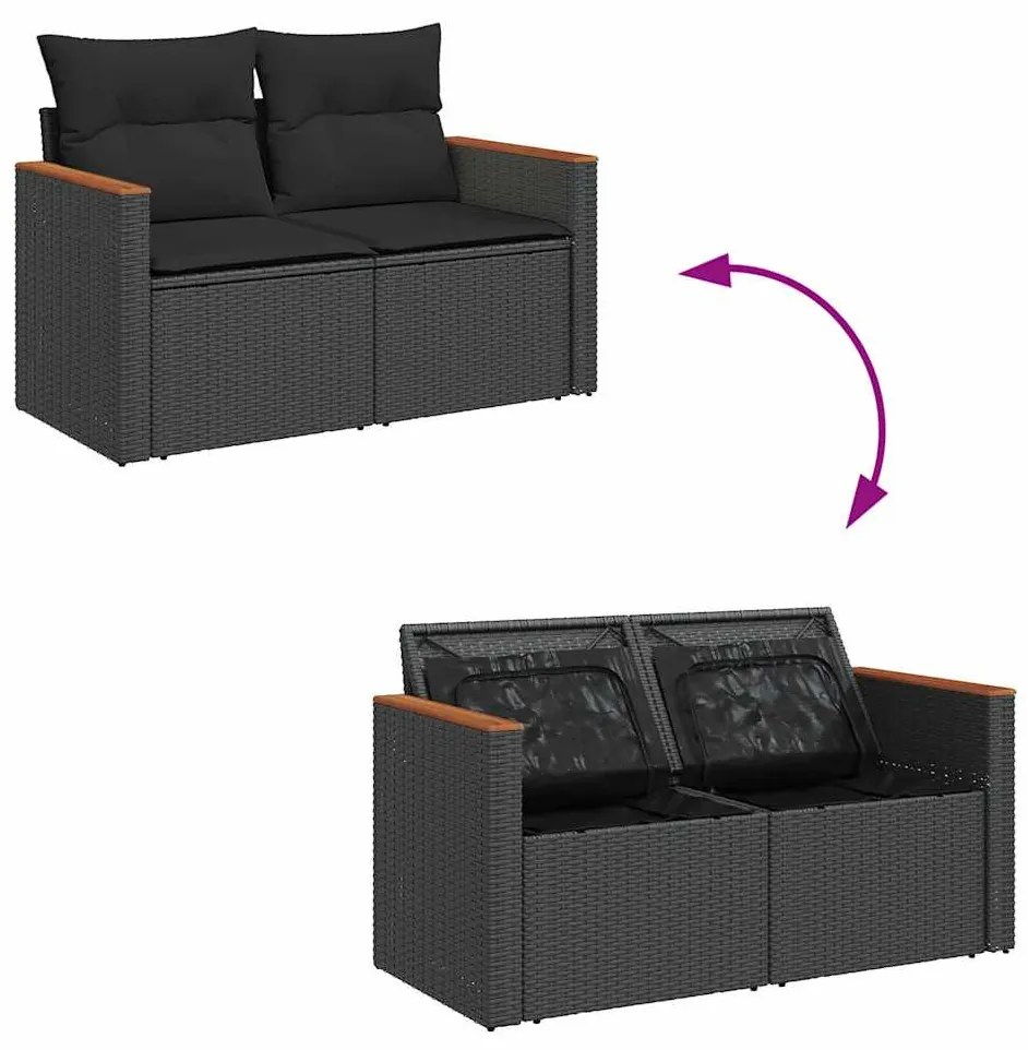 11 részes fekete polyrattan akácfa kerti ülőgarnitúra párnákkal