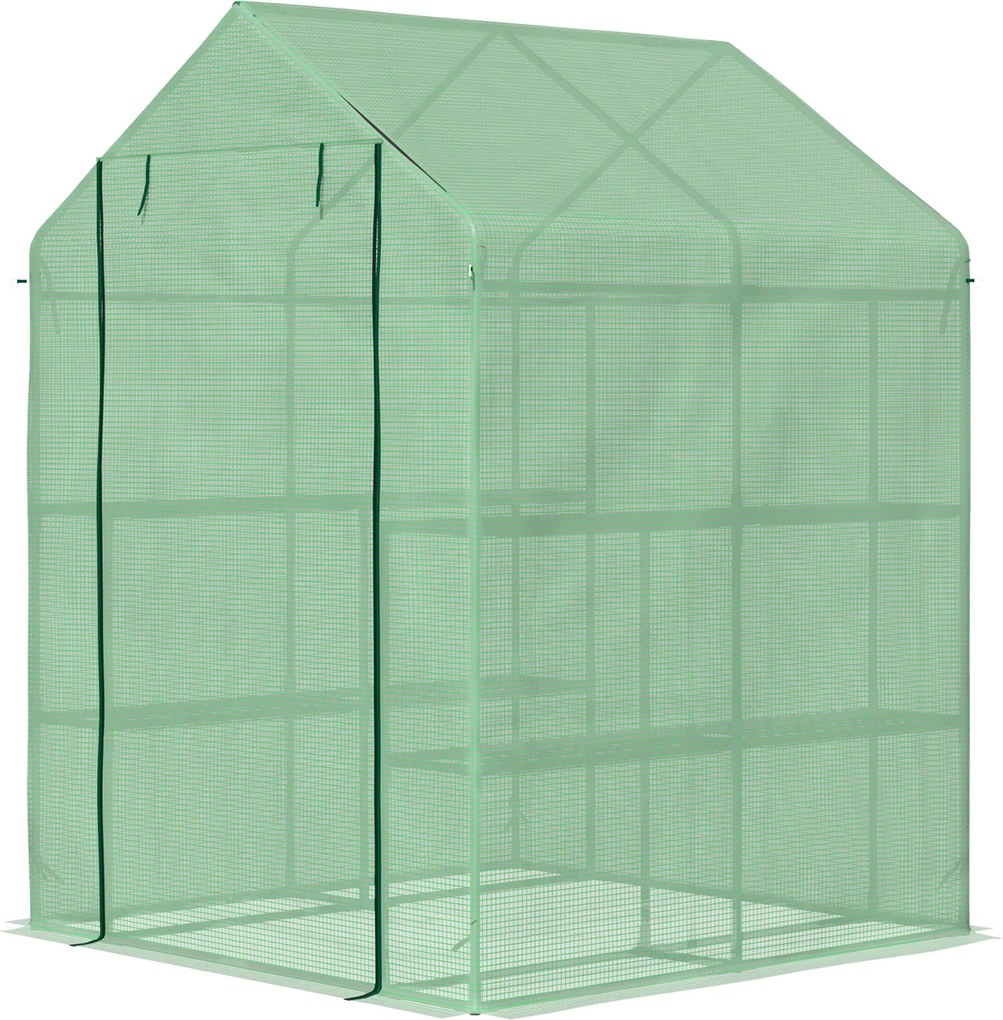 Outsunny 8 Polcos Kertészeti Üvegház Zöld Acél PE Műanyag Ajtóval 143 x 138 x 190 cm | Aosom