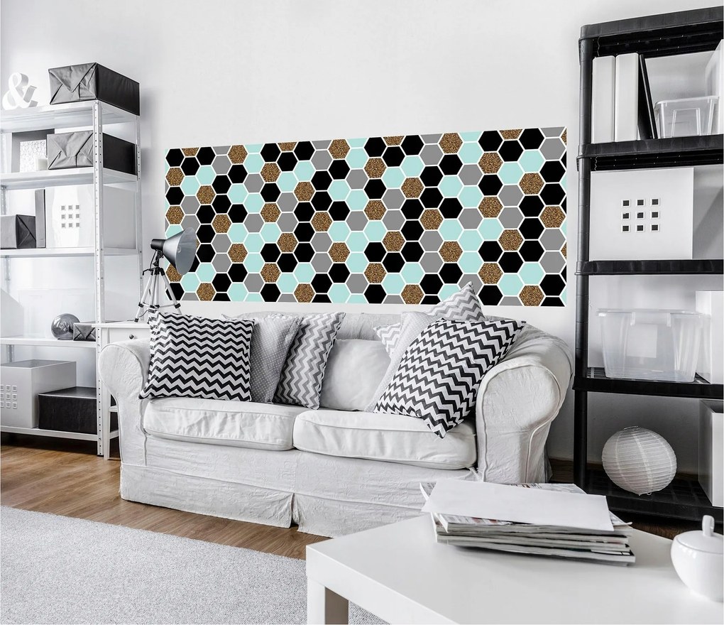 Fotótapéta Geometrikus hatszögek arany fekete fehér szürke 250x104 +ragasztó