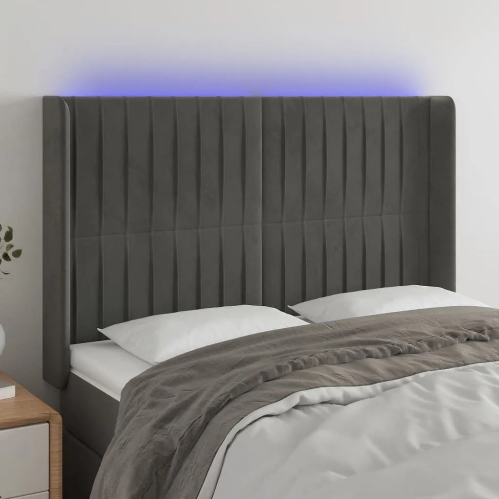 sötétszürke bársony LED-es fejtámla 147x16x118/128 cm