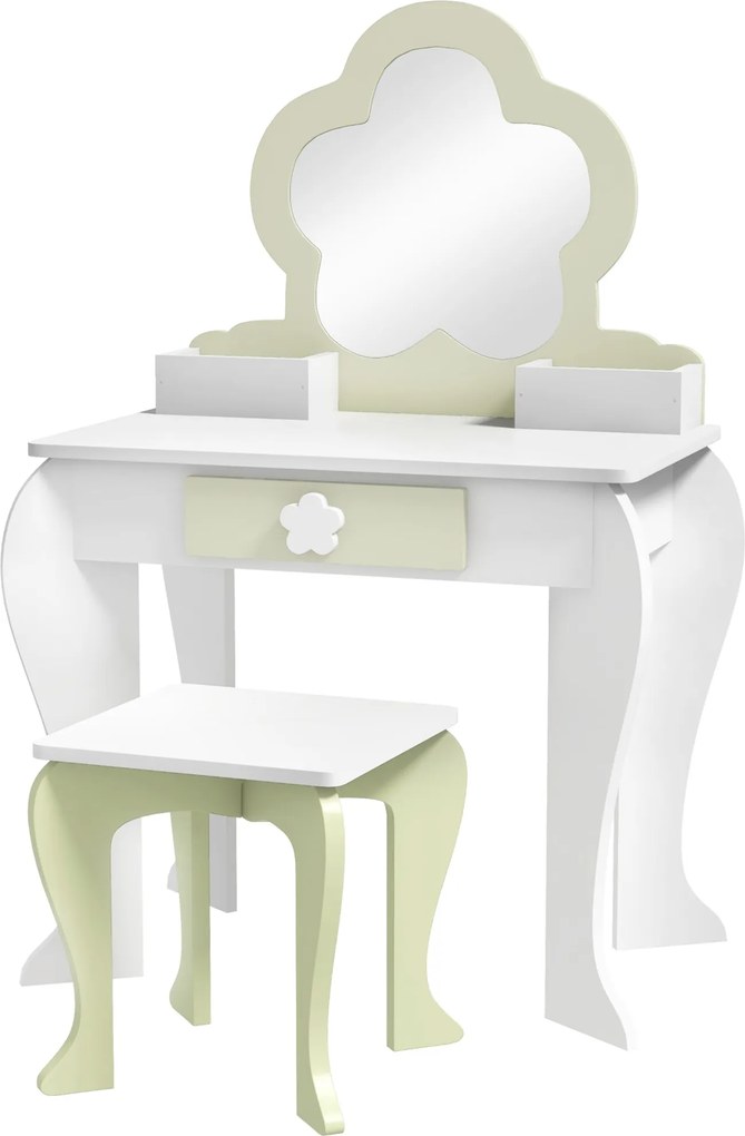 ZONEKIZ Lányok Öltözködő Asztala Tükörrel és Puffal Smink Öltözködő Asztal Gyerekeknek 3-6 Évesek Számára 2 Dozával és 1 Fiókkal 55x34x87,5 cm Fehér é