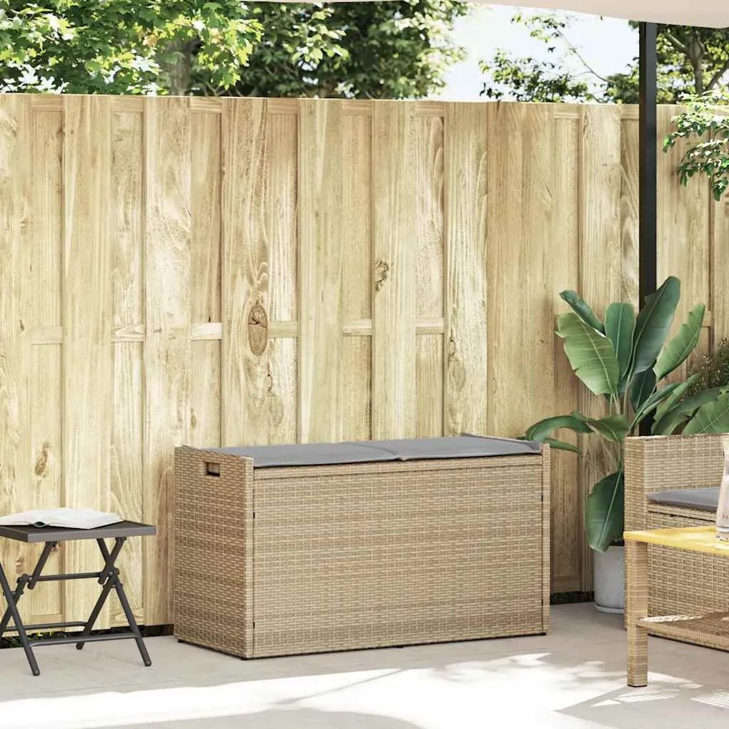 Bézs polyrattan kültéri tárolópad párnával 100 cm