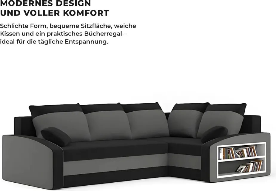 Grande sarokkanapé polcokkal , polc a jobb karfaban, jobboldali, szövet anyag, hab töltet, fekete - szürke