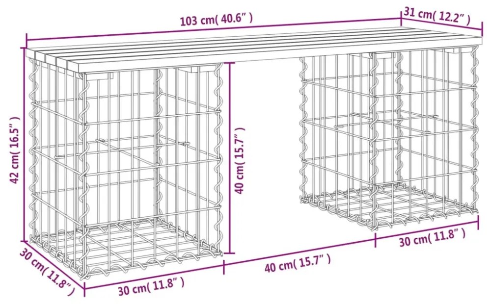 tömör fenyőfa gabion kerti pad 103x31x42 cm