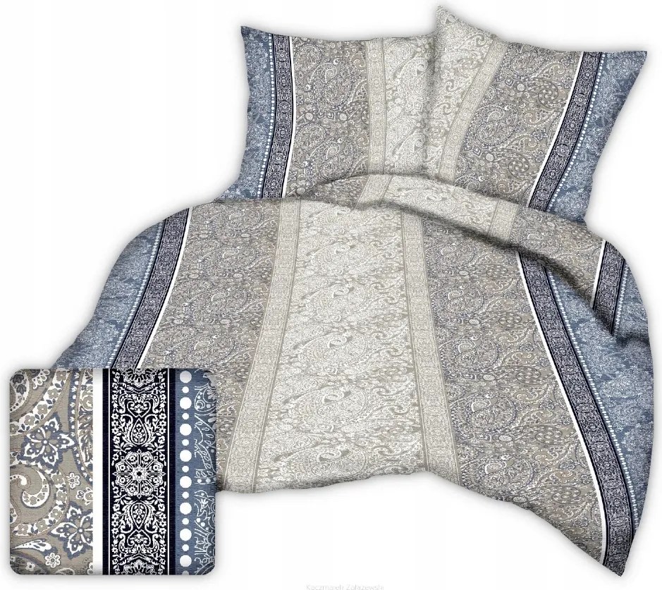 Ágyneműhuzat kéregből 200x220 sötétkék fehér bézs paisley díszek
