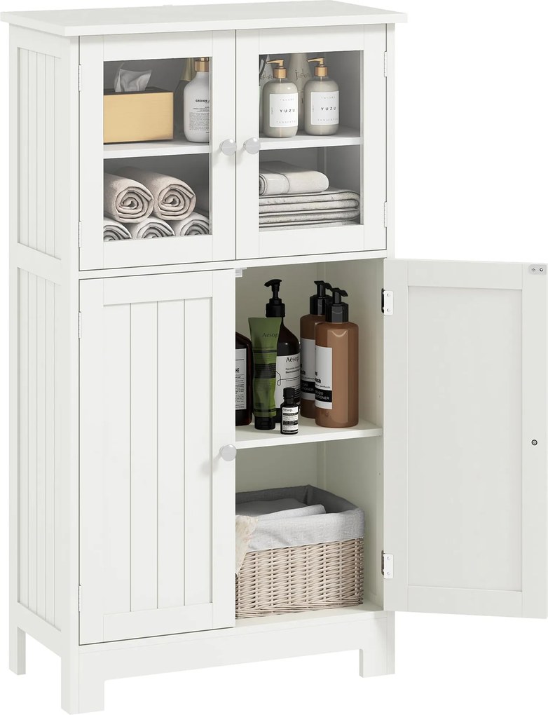 kleankin Fürdőszobai Torony Tároló Szekrény Edzett Üveg Ajtókkal és Állítható Polccal Konyha Étkező vagy Nappali számára 60x30x108,5 cm Fehér | Aosom