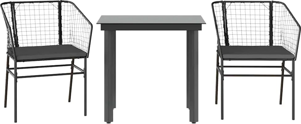 vidaXL 3 részes fekete polyrattan üveg kerti étkezőgarnitúra párnákkal