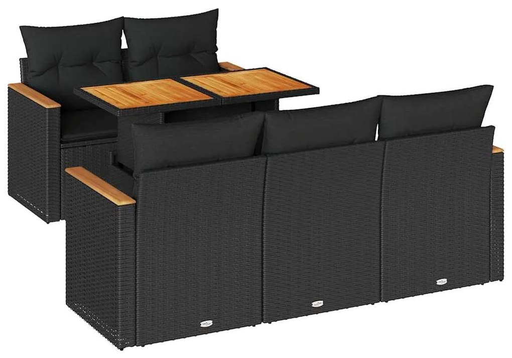 6 részes fekete polyrattan akácfa kerti ülőgarnitúra párnákkal