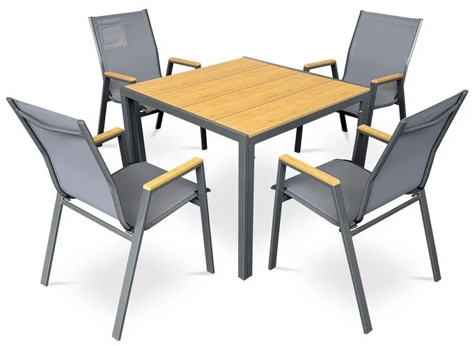 Kerti asztal 90x90x73 cm., polywood asztallap tölgy dekorral, szürke fém szerkezettel