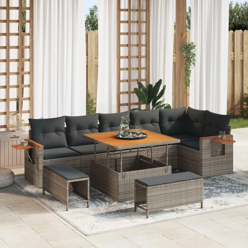 9 Darabos Kert Szófa Készlet Párnákkal Szürke Poli Rattan Acacia