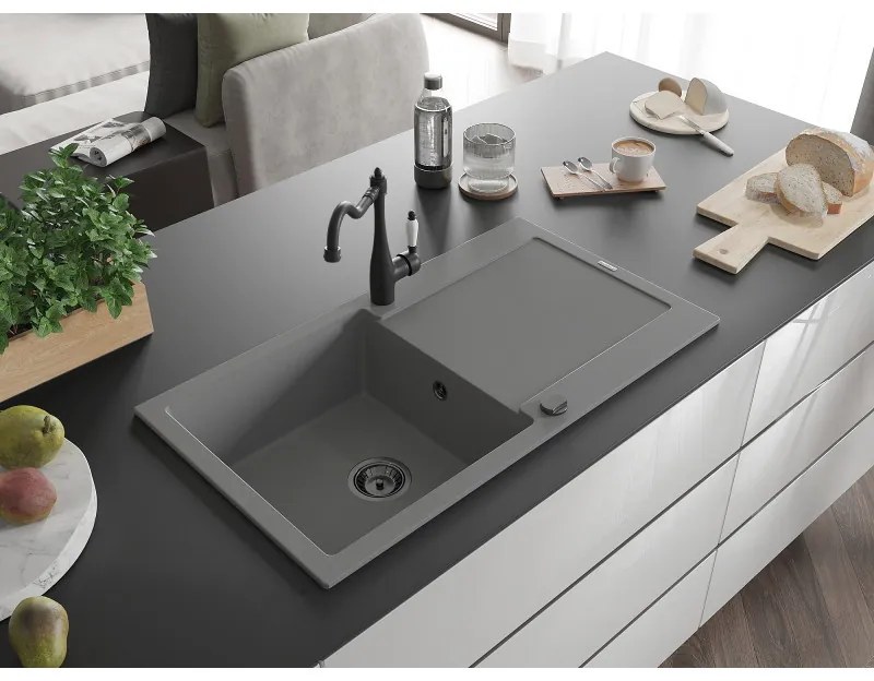 Mexen Leo, gránit mosogató 900x500x190 mm, 1 kamrás és mosogató csaptelep Carla, szürke, 6501-71-670700-70-B