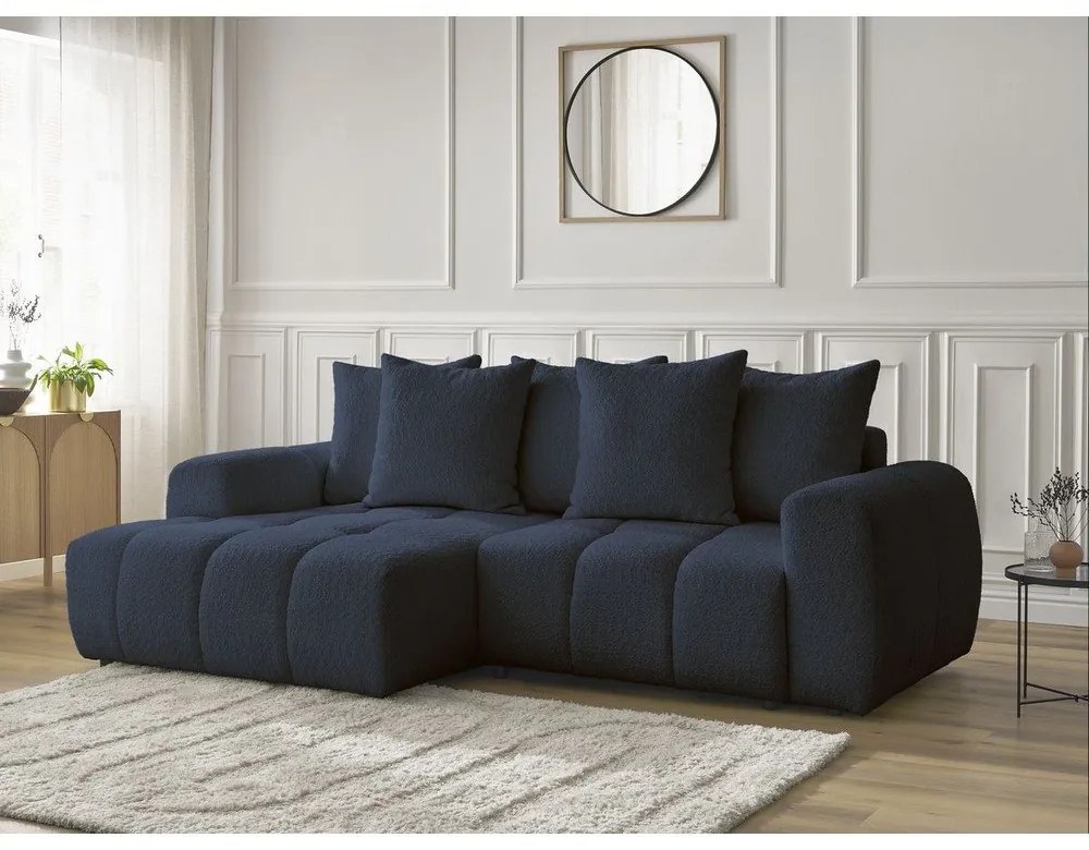Kék buklé kinyitható-tárolóhelyes sarokkanapé (bal oldali-heverő résszel) Roxelane – Bobochic Paris