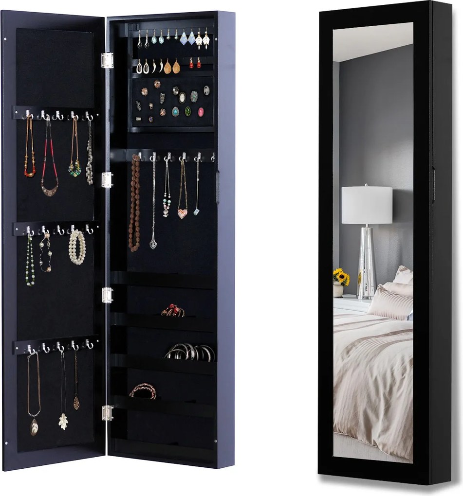 HOMCOM Fali Ékszertartó Szett Fogasokkal és Rekeszekkel, Tükörrel Ellátott Ékszeres Komód Fülbevalókhoz, Nyakláncokhoz és Gyűrűkhöz, 37x9,5x121 cm, Fe