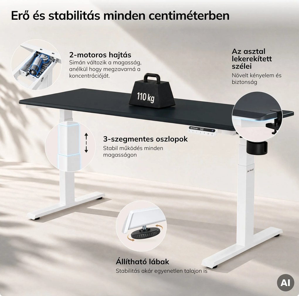 Elektromos, állítható magasságú, ergonomikus, fehér-antracit íróasztal,1600x800 mm: ARIA