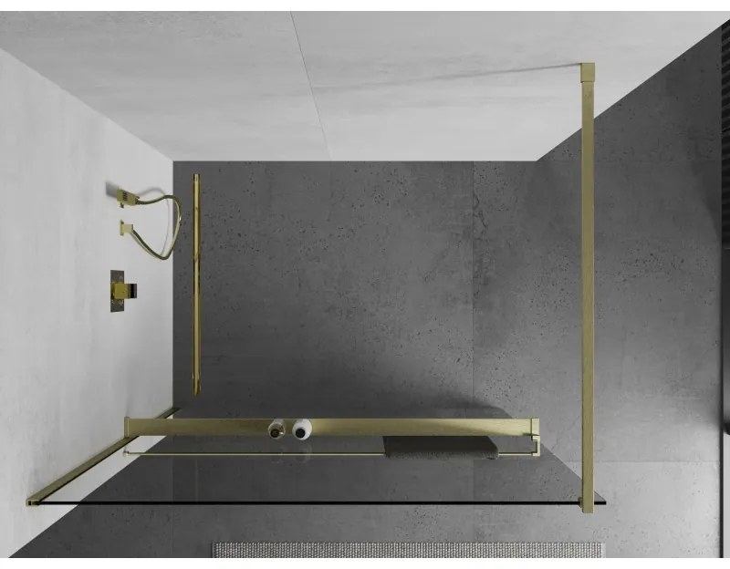 Mexen Kioto+, Walk-In zuhanyparaván polccal és akasztóval 90 x 200 cm, 8 mm átlátszó üveg, arany matt profil, 800-090-121-55-00