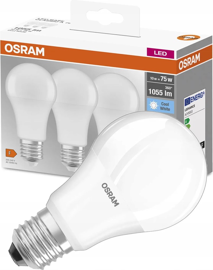 3x Led Izzó E27 A60 10W 75W 1055lm 4000K Semleges fehér 200° Osram